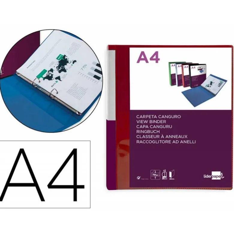 CARPETA LIDERPAPEL CANGURO 2 ANILLAS 25 MM DIN A4 COLOR ROJO POLIPROPILENO