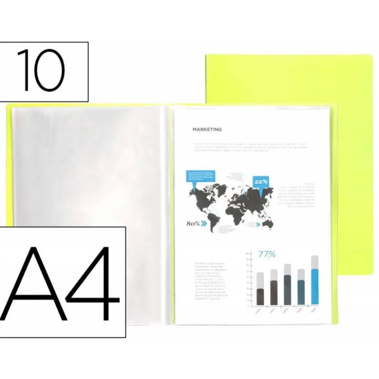 CARPETA LIDERPAPEL ESCAPARATE 10 FUNDAS POLIPROPILENO DIN A4 AMARILLO FLUOR OPACO