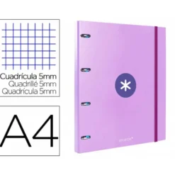 CARPETA CON RECAMBIO LIDERPAPEL ANTARTIK A4 CUADRO 5MM FORRADA 4 ANILLAS 25MM COLOR LAVANDA LILA