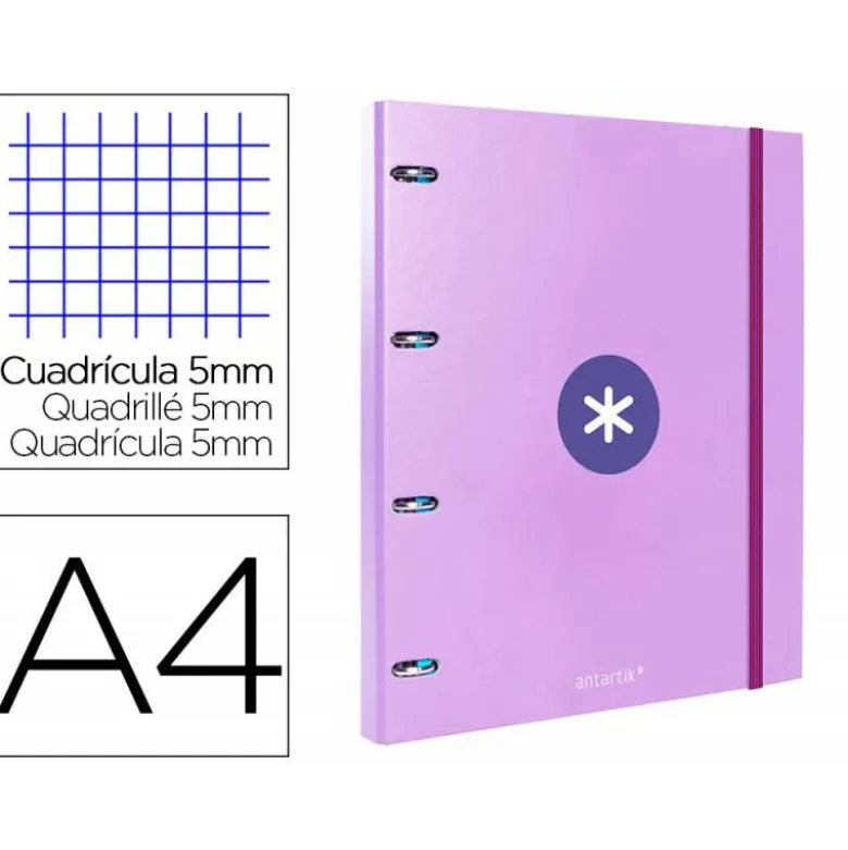 CARPETA CON RECAMBIO LIDERPAPEL ANTARTIK A4 CUADRO 5MM FORRADA 4 ANILLAS 25MM COLOR LAVANDA LILA