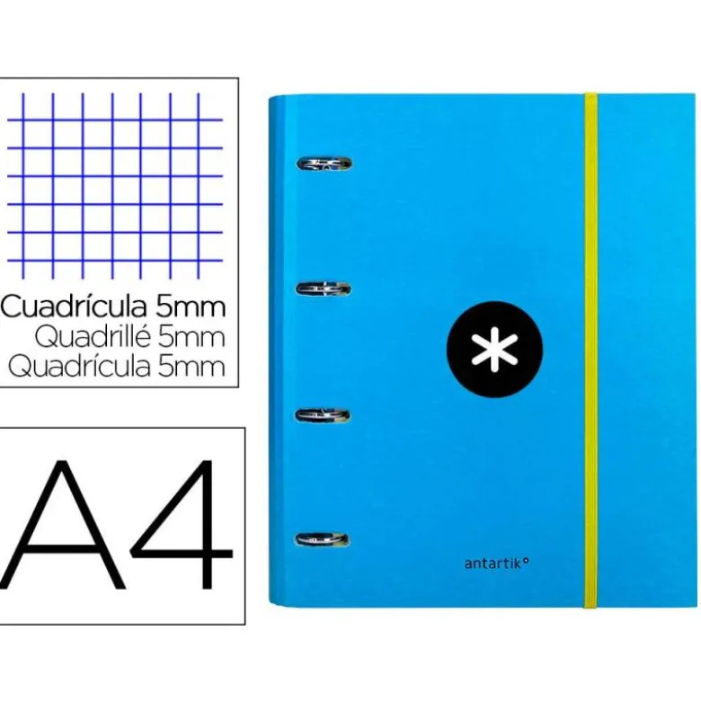 CARPETA CON RECAMBIO LIDERPAPEL ANTARTIK A4 CUADRO 5 MM FORRADA 4 ANILLAS 40MM REDONDAS COLOR AZUL