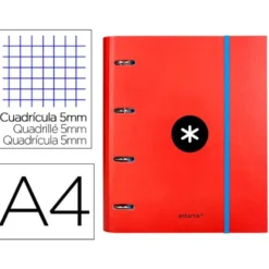 CARPETA CON RECAMBIO LIDERPAPEL ANTARTIK A4 CUADRO 5 MM FORRADA 4 ANILLAS REDONDAS 40MM COLOR ROJO