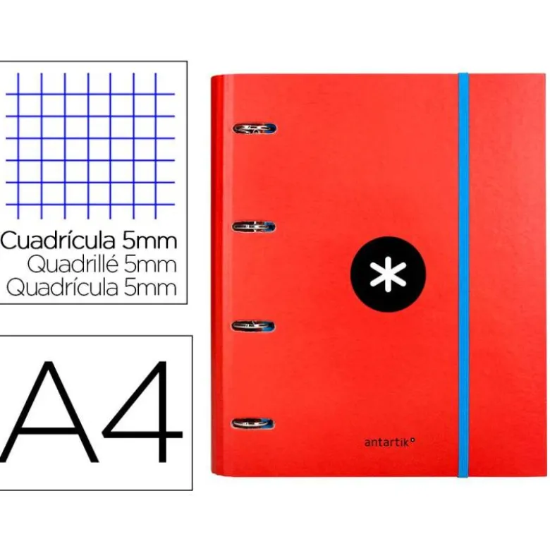 CARPETA CON RECAMBIO LIDERPAPEL ANTARTIK A4 CUADRO 5 MM FORRADA 4 ANILLAS REDONDAS 40MM COLOR ROJO