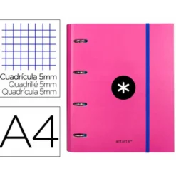 CARPETA CON RECAMBIO LIDERPAPEL ANTARTIK A4 CUADRO 5 MM FORRADA 4 ANILLAS 40MM REDONDAS COLOR ROSA