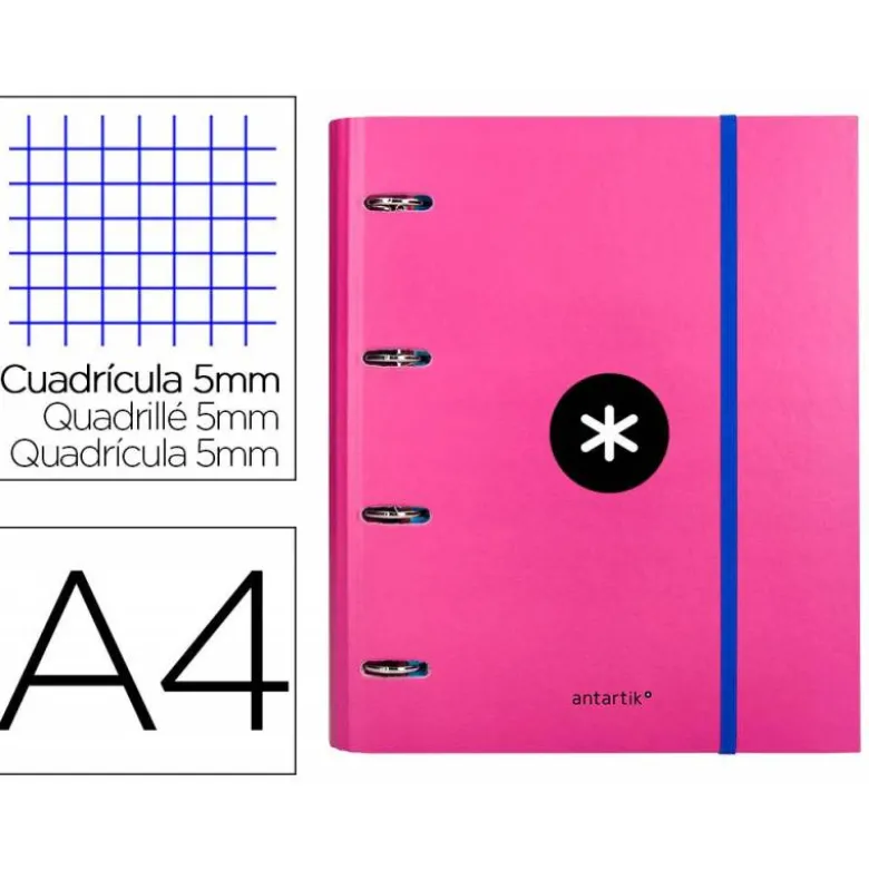 CARPETA CON RECAMBIO LIDERPAPEL ANTARTIK A4 CUADRO 5 MM FORRADA 4 ANILLAS 40MM REDONDAS COLOR ROSA