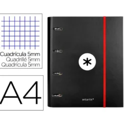 CARPETA CON RECAMBIO LIDERPAPEL ANTARTIK A4 CUADRO 5 MM FORRADA 4 ANILLAS 40MM REDONDAS COLOR NEGRA