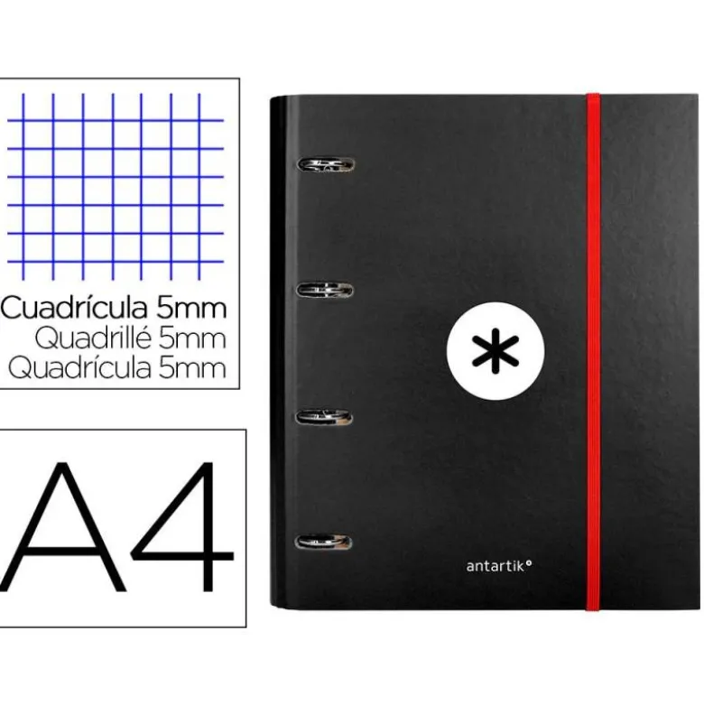 CARPETA CON RECAMBIO LIDERPAPEL ANTARTIK A4 CUADRO 5 MM FORRADA 4 ANILLAS 40MM REDONDAS COLOR NEGRA