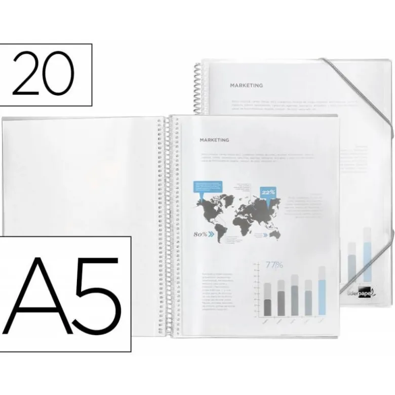 Carpeta escaparate con espiral Liderpapel DIN A5 20 fundas poliporpileno color transparente