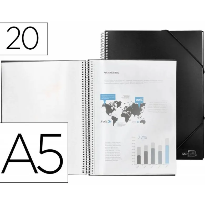 Carpeta escaparate con espiral Liderpapel DIN A5 20 fundas poliporpileno color negro