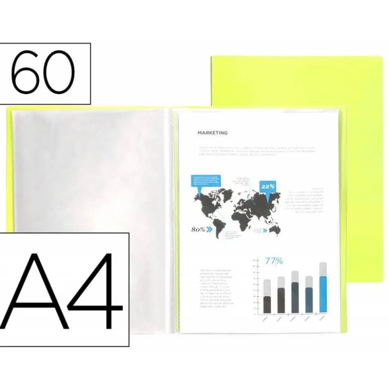 CARPETA LIDERPAPEL ESCAPARATE 60 FUNDAS POLIPROPILENO DIN A4 AMARILLO FLUOR OPACO