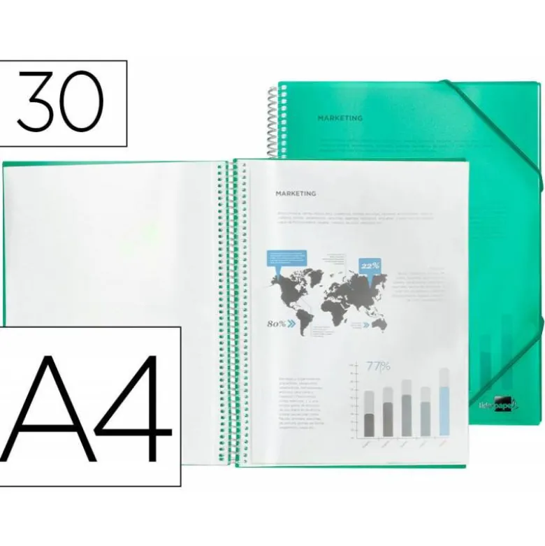 Carpeta Liderpapel escaparate verde con 30 fundas espiral