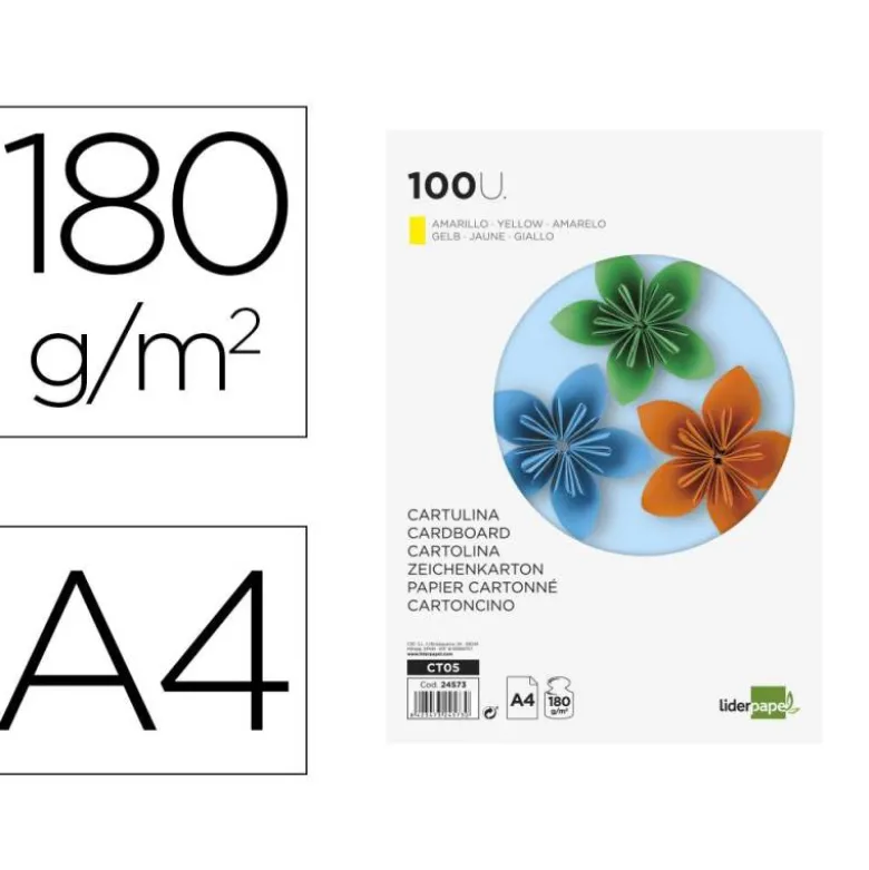 Cartulina Liderpapel color amarillo a4 180 g/m2