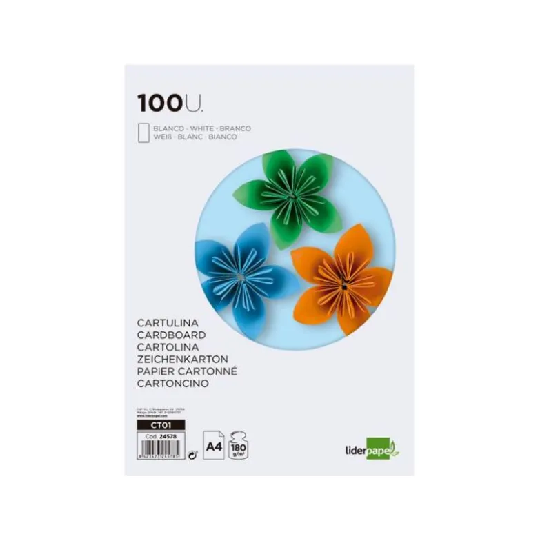 Cartulina Liderpapel color blanco a4 180 g/m2. Paquete con 100 unidades