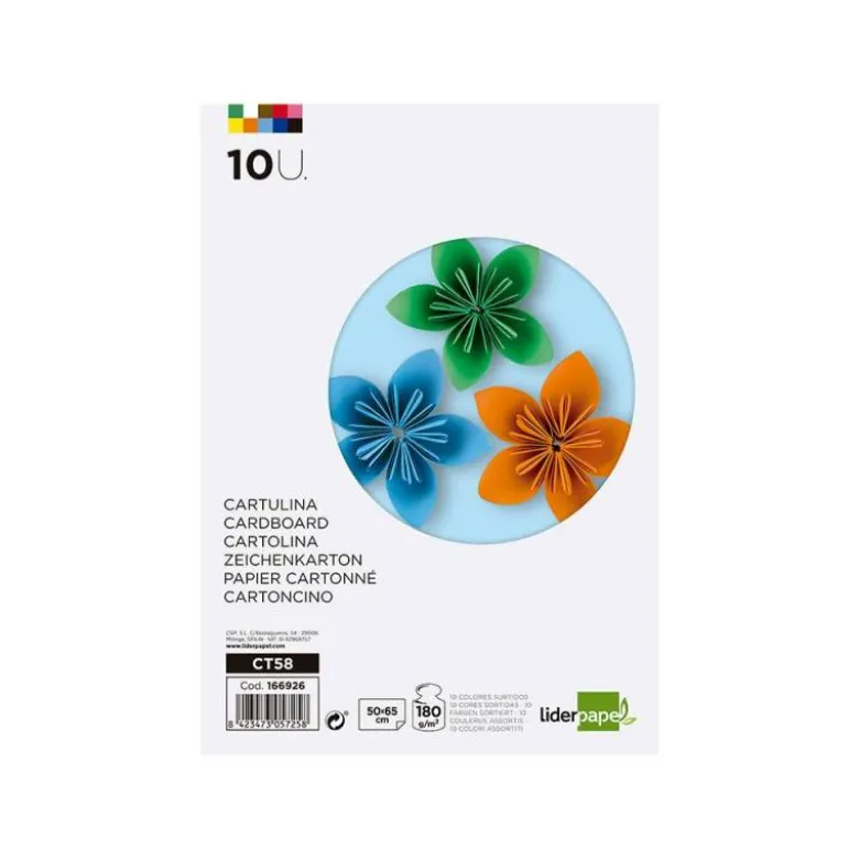 CARTULINA LIDERPAPEL 50X65 CM 180G/M2 10 COLORES SURTIDOS PAQUETE DE 10 HOJAS