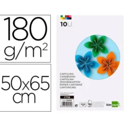 CARTULINA LIDERPAPEL 50X65 CM 180G/M2 10 COLORES SURTIDOS PAQUETE DE 10 HOJAS
