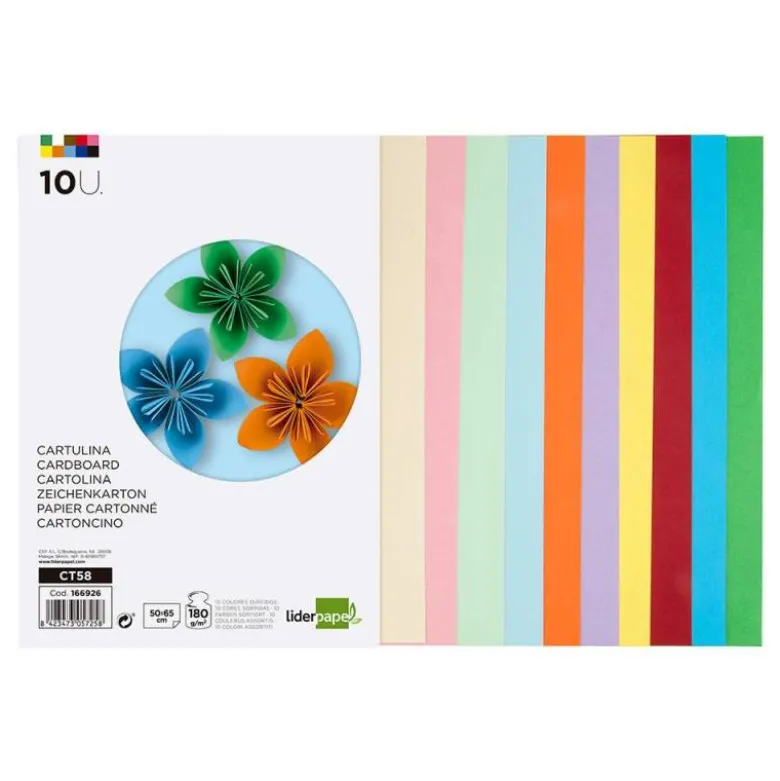 CARTULINA LIDERPAPEL 50X65 CM 180G/M2 10 COLORES SURTIDOS PAQUETE DE 10 HOJAS