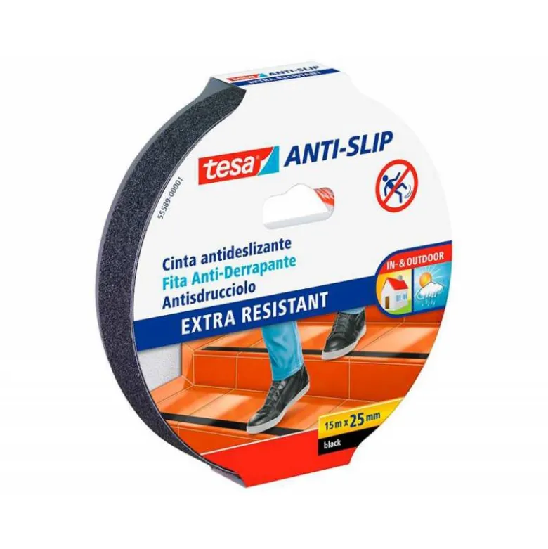 CINTA ANTIDESLIZANTE ADHESIVA TESA USO INTERIOR / EXTERIOR COLOR NEGRO 15 MT X 25 MM