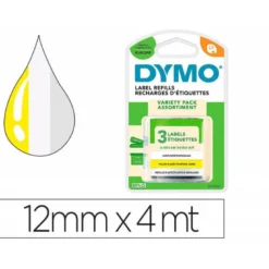 CINTA DYMO METALIZADA LETRATAG 12MM X 4MT PAPEL BLANCO / PLASTICO AMARILLO / METALICA PLATA PACK DE 3