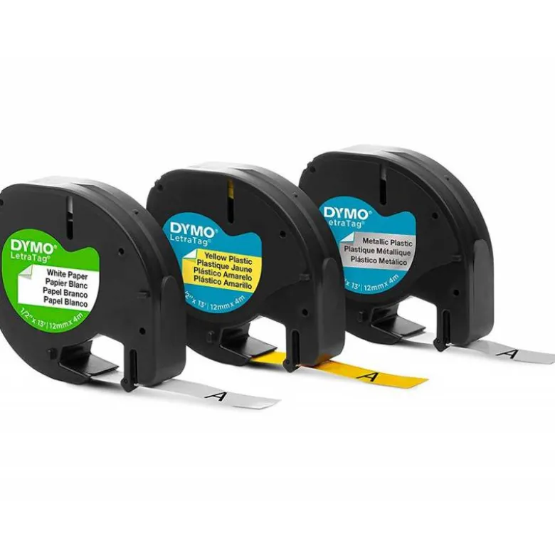 CINTA DYMO METALIZADA LETRATAG 12MM X 4MT PAPEL BLANCO / PLASTICO AMARILLO / METALICA PLATA PACK DE 3