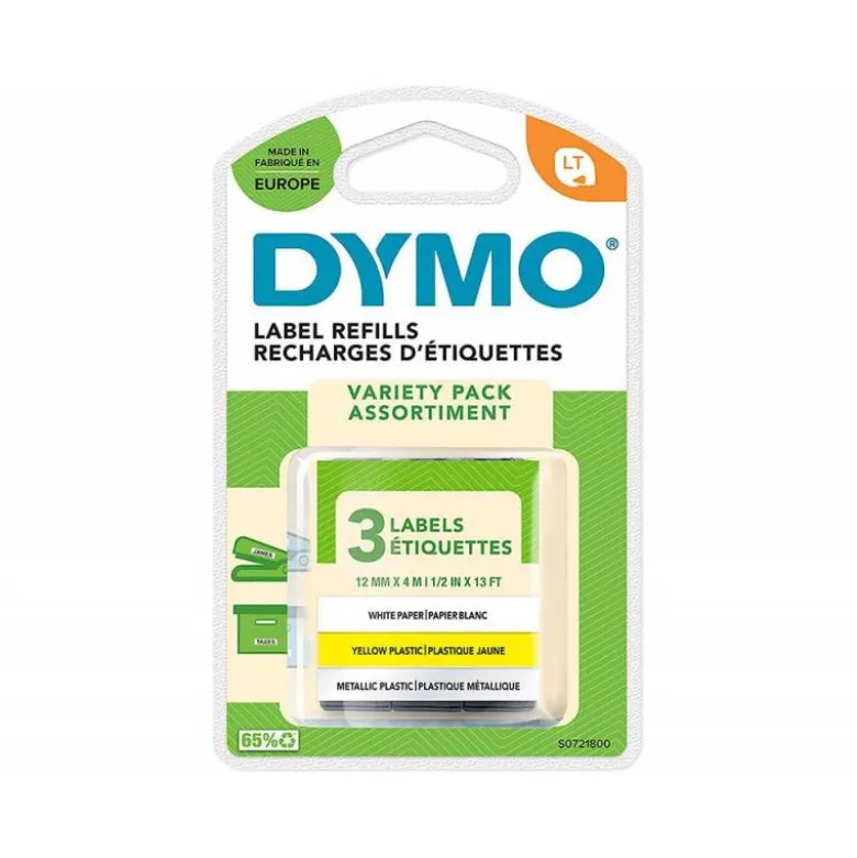 CINTA DYMO METALIZADA LETRATAG 12MM X 4MT PAPEL BLANCO / PLASTICO AMARILLO / METALICA PLATA PACK DE 3