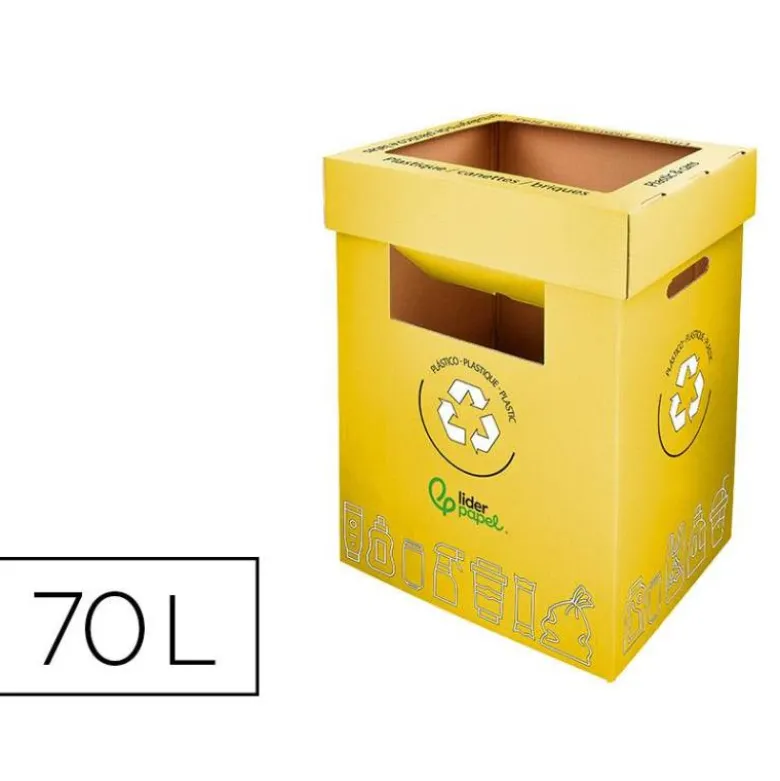 CONTENEDOR PAPELERA RECICLAJE LIDERPAPEL CARTON RECICLADO PARA ENVASES 450X350X650 MM 70 LITROS AMARILLO