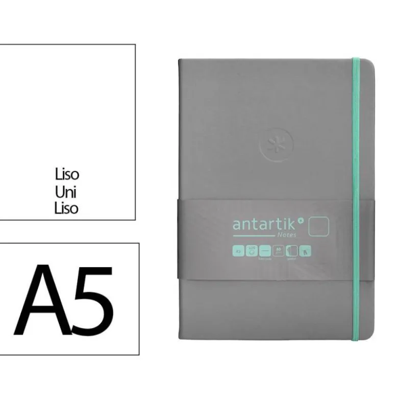 CUADERNO CON GOMILLA ANTARTIK NOTES TAPA DURA A5 HOJAS LISAS GRIS Y TURQUESA 100 HOJAS 80 GR FSC