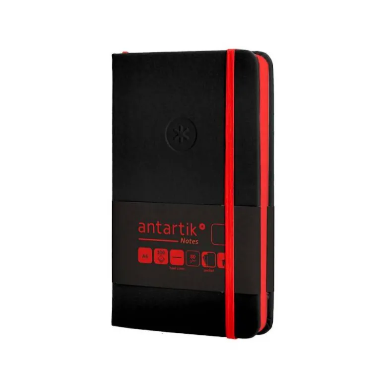 CUADERNO CON GOMILLA ANTARTIK NOTES TAPA DURA A6 HOJAS LISAS NEGRO Y ROJO 100 HOJAS 80 GR FSC