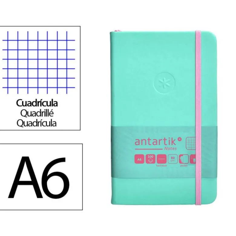 CUADERNO CON GOMILLA ANTARTIK NOTES TAPA DURA A6 HOJAS CUADRICULA ROSA Y TURQUESA 100 HOJAS 80 GR FSC