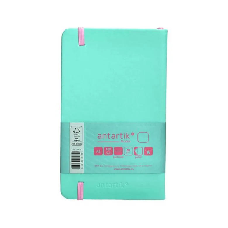 CUADERNO CON GOMILLA ANTARTIK NOTES TAPA DURA A6 HOJAS LISAS ROSA Y TURQUESA 100 HOJAS 80 GR FSC