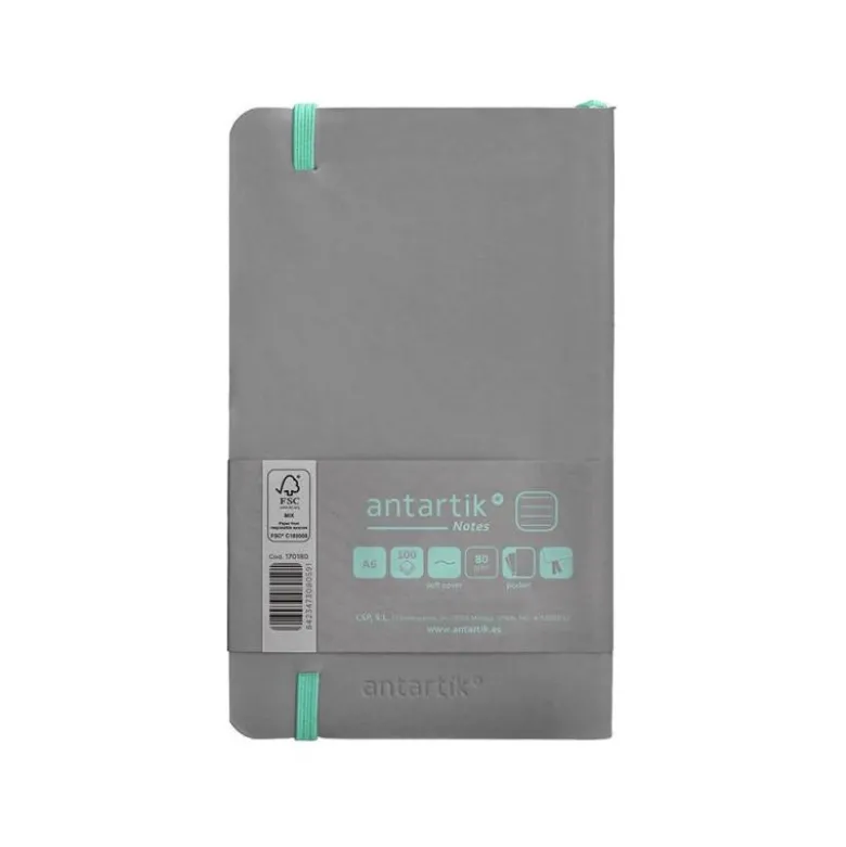 CUADERNO CON GOMILLA ANTARTIK NOTES TAPA BLANDA A6 RAYAS GRIS Y TURQUESA 100 HOJAS 80 GR FSC