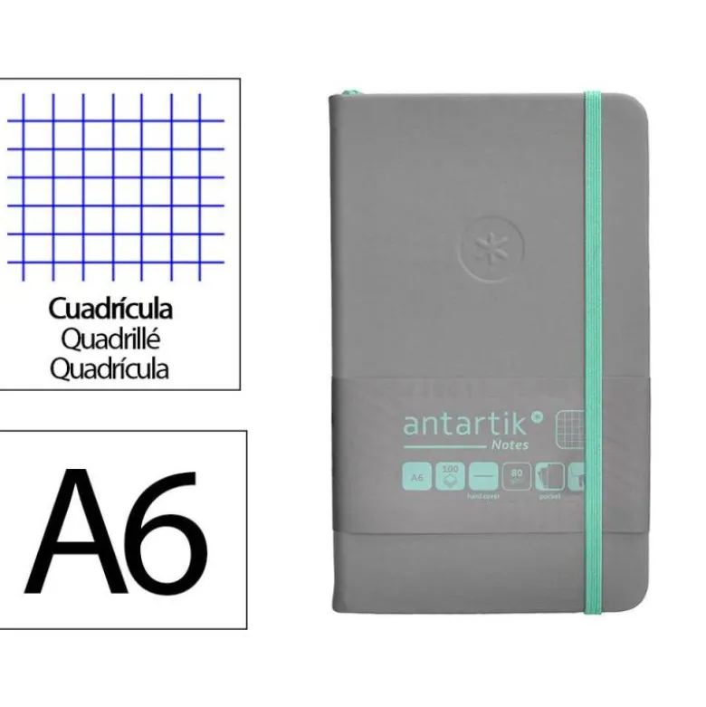 CUADERNO CON GOMILLA ANTARTIK NOTES TAPA DURA A6 HOJAS CUADRICULA GRIS Y TURQUESA 100 HOJAS 80 GR FSC