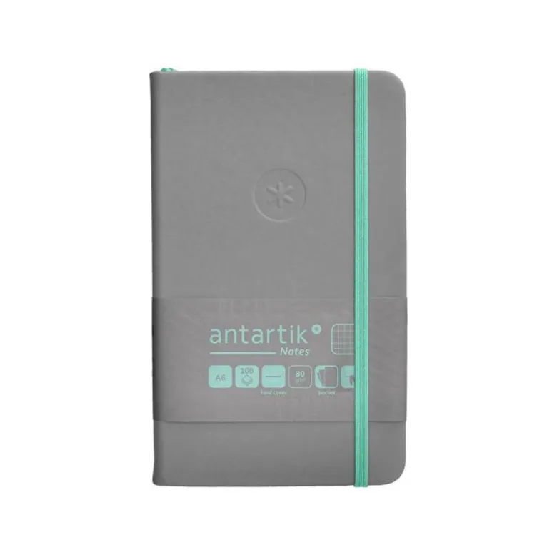 CUADERNO CON GOMILLA ANTARTIK NOTES TAPA DURA A6 HOJAS CUADRICULA GRIS Y TURQUESA 100 HOJAS 80 GR FSC
