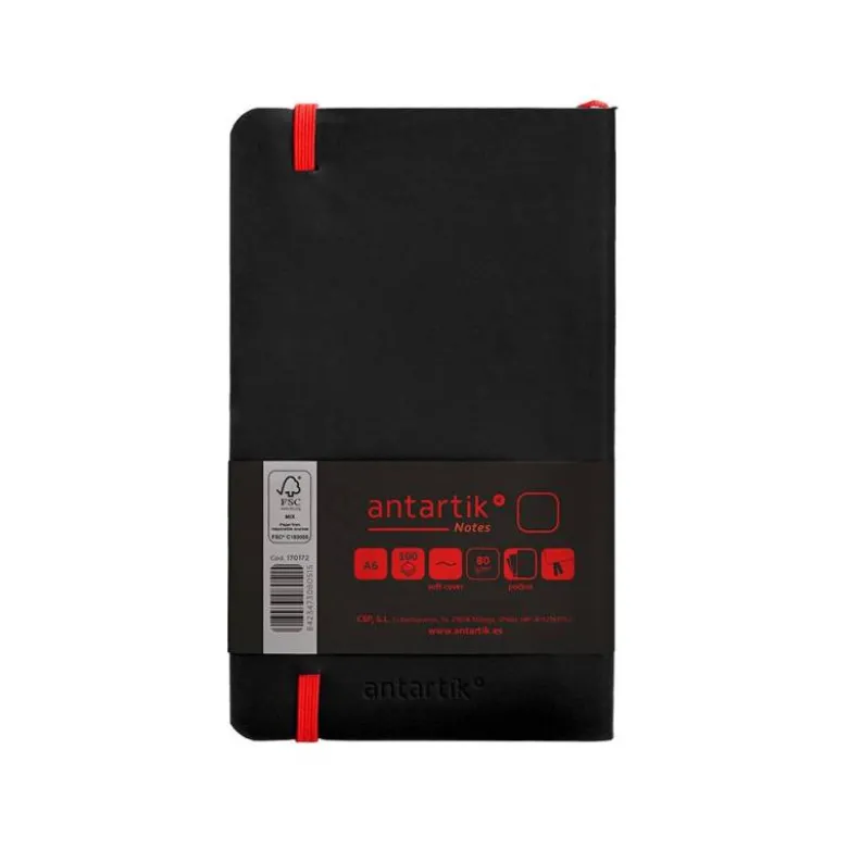 CUADERNO CON GOMILLA ANTARTIK NOTES TAPA BLANDA A6 HOJAS LISAS NEGRO Y ROJO 100 HOJAS 80 GR FSC