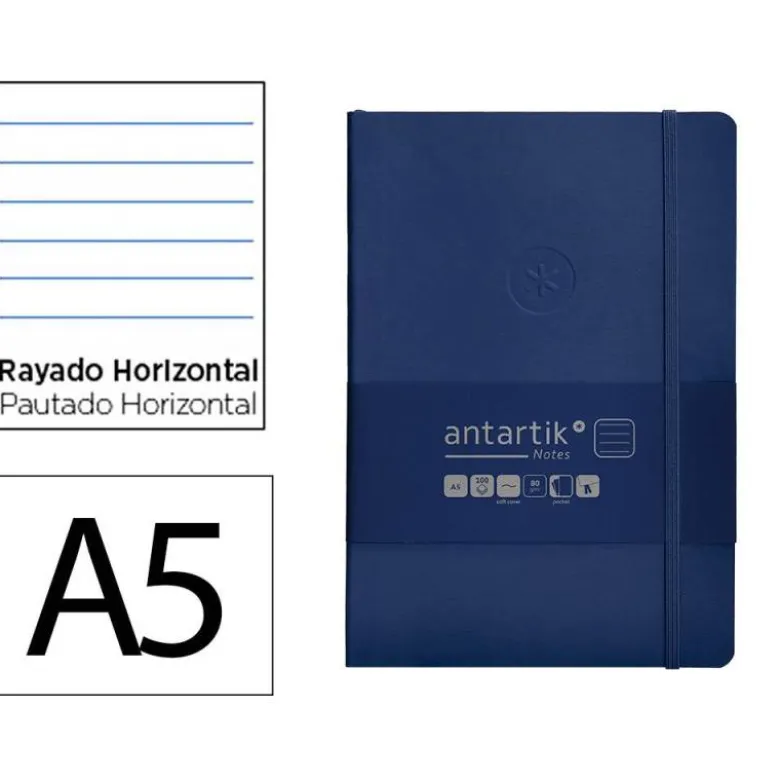 CUADERNO CON GOMILLA ANTARTIK NOTES TAPA BLANDA A5 HOJAS RAYAS AZUL MARINO 80 HOJAS 80 GR FSC