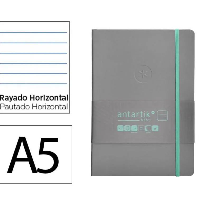 CUADERNO CON GOMILLA ANTARTIK NOTES TAPA BLANDA A5 HOJAS RAYAS GRIS Y TURQUESA 80 HOJAS 80 GR FSC