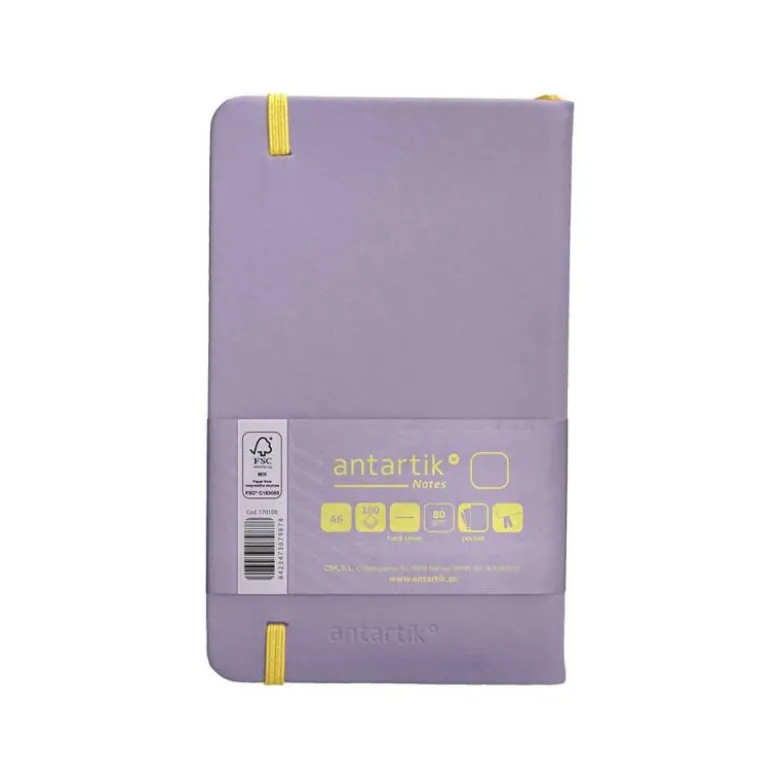 CUADERNO CON GOMILLA ANTARTIK NOTES TAPA DURA A6 HOJAS LISAS MORADO Y AMARILLO 100 HOJAS 80 GR FSC