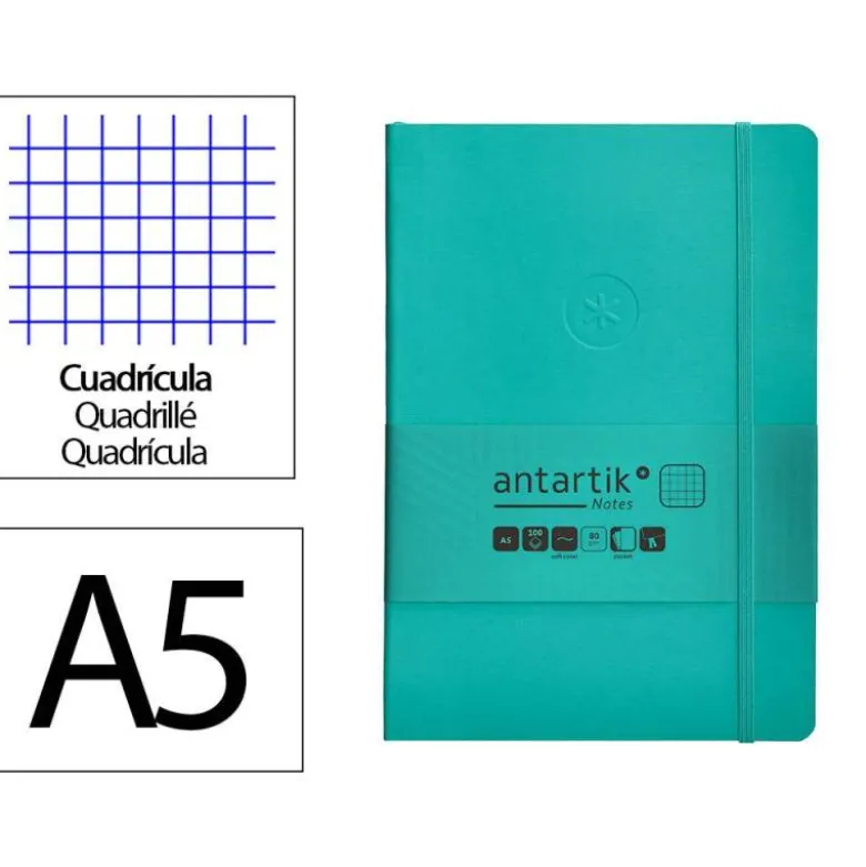 CUADERNO CON GOMILLA ANTARTIK NOTES TAPA BLANDA A5 HOJAS CUADRICULA TURQUESA 80 HOJAS 80 GR FSC