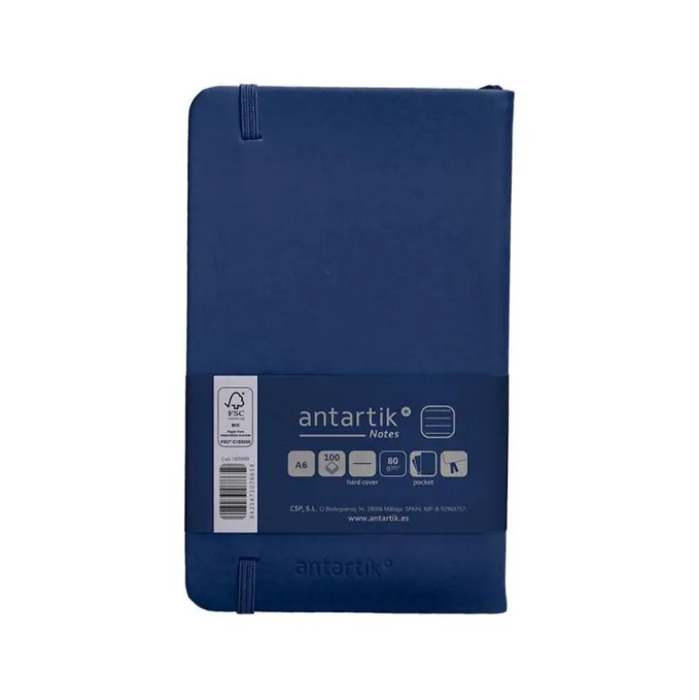 CUADERNO CON GOMILLA ANTARTIK NOTES TAPA DURA A6 HOJAS RAYAS AZUL MARINO 100 HOJAS 80 GR FSC