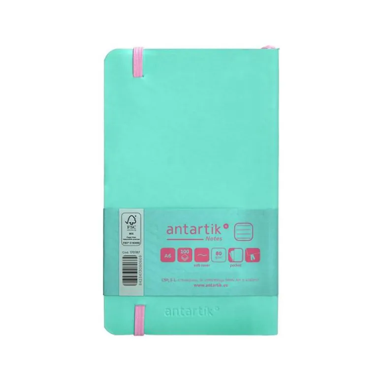 CUADERNO CON GOMILLA ANTARTIK NOTES TAPA BLANDA A6 RAYAS ROSA Y TURQUESA 100 HOJAS 80 GR FSC