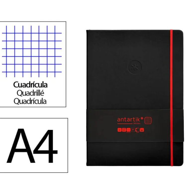CUADERNO CON GOMILLA ANTARTIK NOTES TAPA DURA A4 HOJAS CUADRICULA NEGRO Y ROJO 100 HOJAS 80 GR FSC