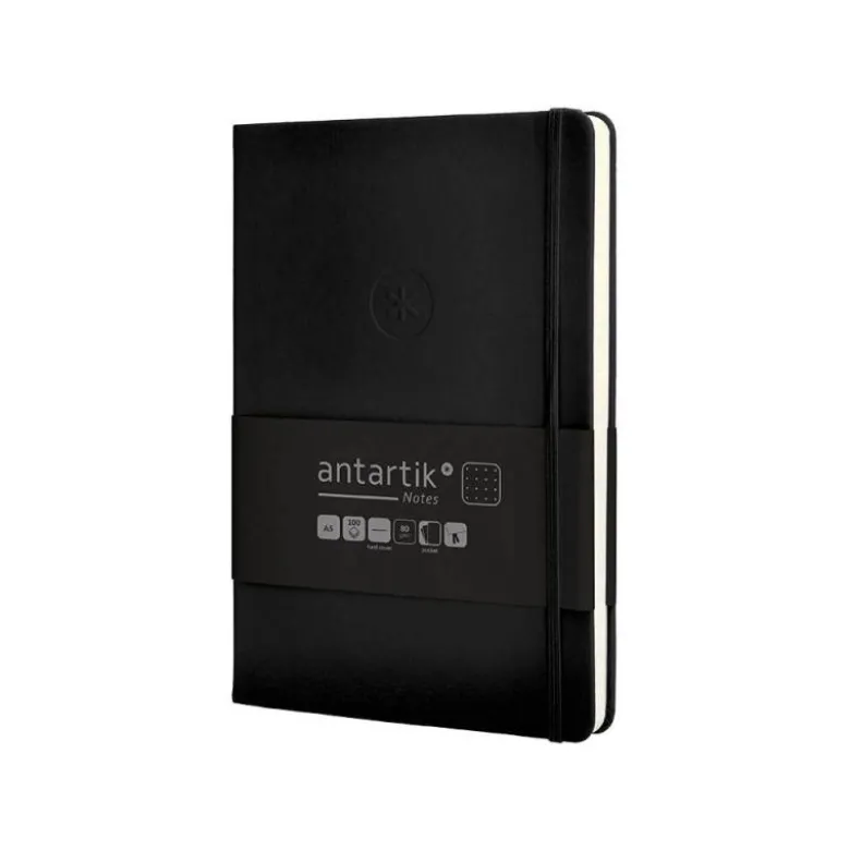 CUADERNO CON GOMILLA ANTARTIK NOTES TAPA DURA A5 HOJAS PUNTOS NEGRO 100 HOJAS 80 GR FSC
