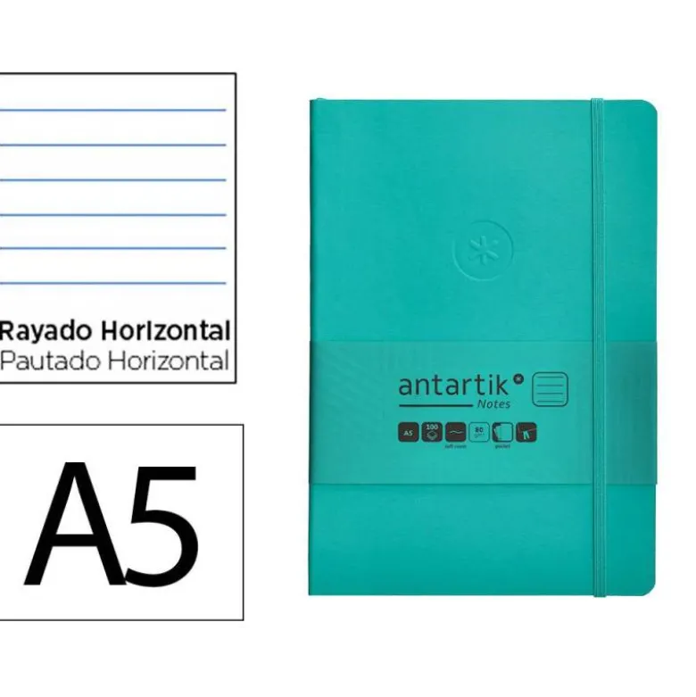 CUADERNO CON GOMILLA ANTARTIK NOTES TAPA BLANDA A5 HOJAS RAYAS TURQUESA 80 HOJAS 80 GR FSC