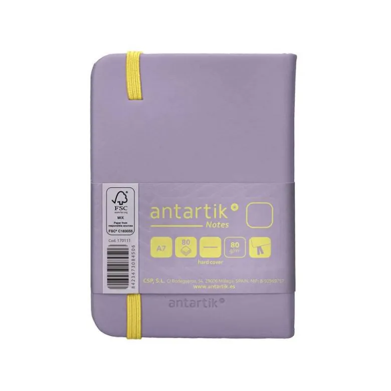 CUADERNO CON GOMILLA ANTARTIK NOTES TAPA DURA A7 HOJAS LISAS MORADO Y AMARILLO 80 HOJAS 80 GR FSC