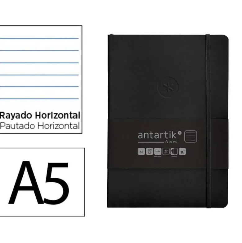 CUADERNO CON GOMILLA ANTARTIK NOTES TAPA BLANDA A5 HOJAS RAYAS NEGRO 80 HOJAS 80 GR FSC