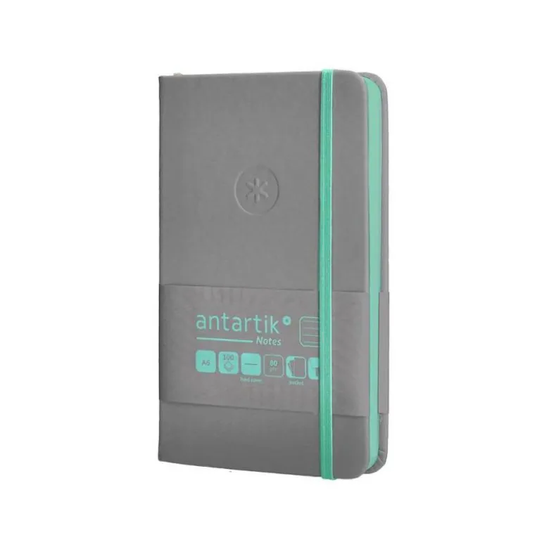 CUADERNO CON GOMILLA ANTARTIK NOTES TAPA DURA DIN A6 HOJAS RAYAS GRIS Y TURQUESA 100 HOJAS 80 GR FSC