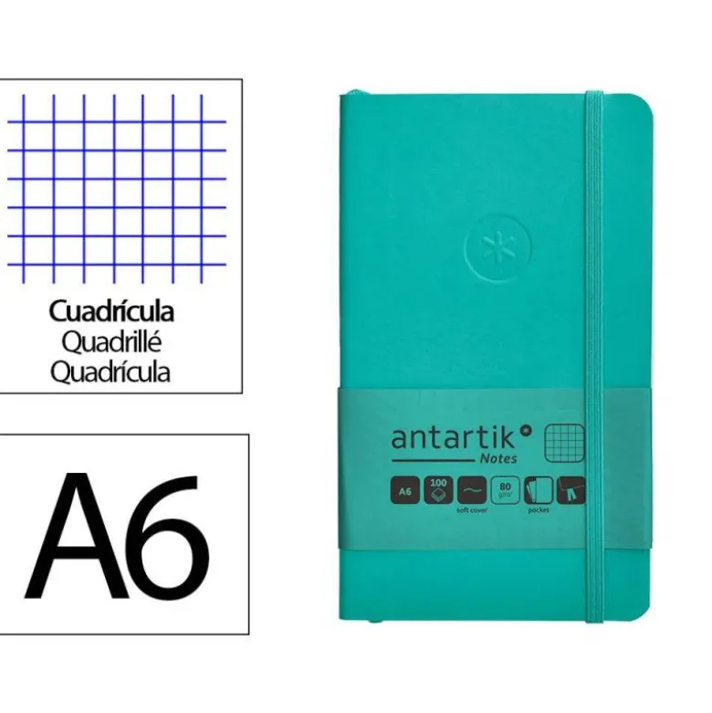 CUADERNO CON GOMILLA ANTARTIK NOTES TAPA BLANDA A6 CUADRICULA TURQUESA 100 HOJAS 80 GR FSC