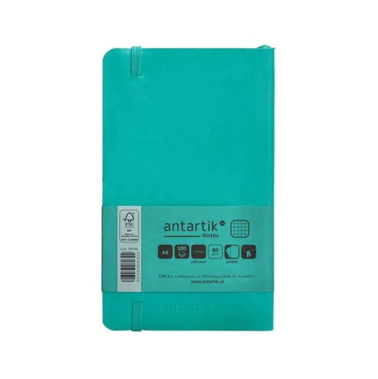 CUADERNO CON GOMILLA ANTARTIK NOTES TAPA BLANDA A6 CUADRICULA TURQUESA 100 HOJAS 80 GR FSC
