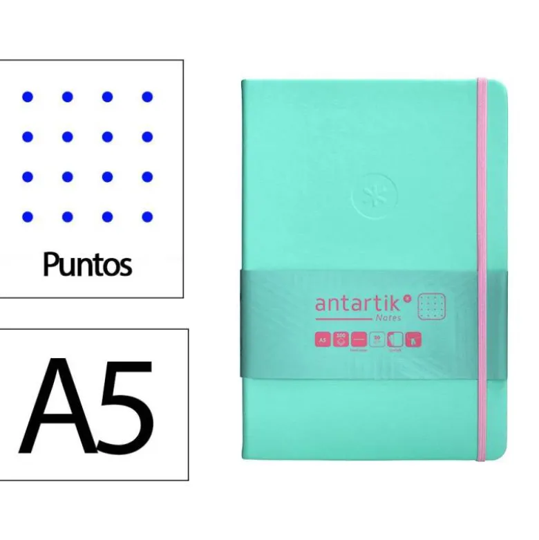 CUADERNO CON GOMILLA ANTARTIK NOTES TAPA DURA A5 HOJAS PUNTOS ROSA Y TURQUESA 100 HOJAS 80 GR FSC