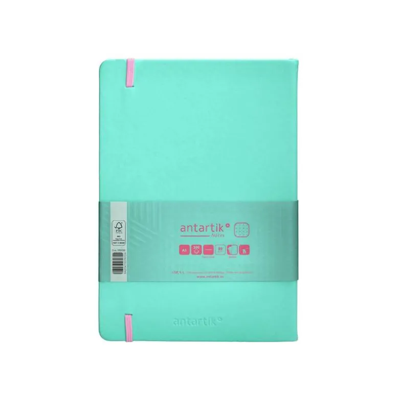 CUADERNO CON GOMILLA ANTARTIK NOTES TAPA DURA A5 HOJAS PUNTOS ROSA Y TURQUESA 100 HOJAS 80 GR FSC