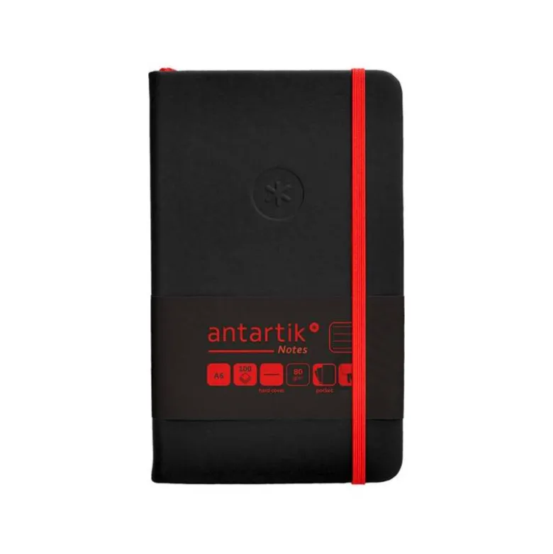 CUADERNO CON GOMILLA ANTARTIK NOTES TAPA DURA A6 HOJAS RAYAS NEGRO Y ROJO 100 HOJAS 80 GR FSC